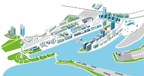 isometrische Darstellung des Duesseldorfer Medienhafens 'Architektur' 'Infografik' 'Schueco' 'Vektorgrafik 