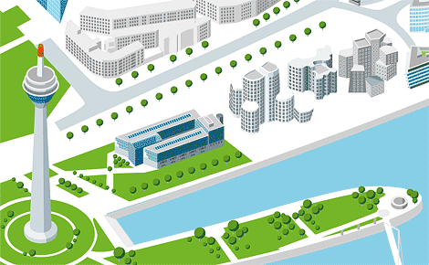 isometrische Darstellung des Duesseldorfer Medienhafens-Detail 'Architektur' 'Infografik' 'Schueco' 'Vektorgrafik 