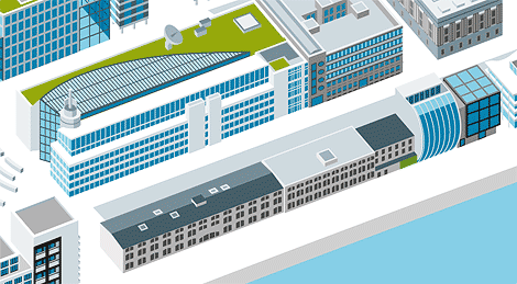 isometrische Darstellung des Duesseldorfer Medienhafens-Detail 'Architektur' 'Infografik' 'Schueco' 'Vektorgrafik 